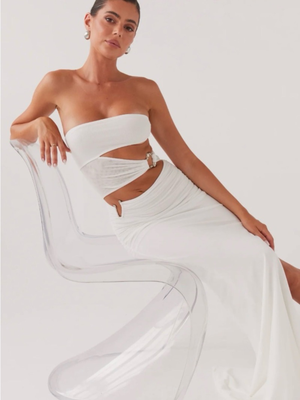 Peppermayo Into Pieces White Strapless Maxi with Cutout & Silver Buckle Detail